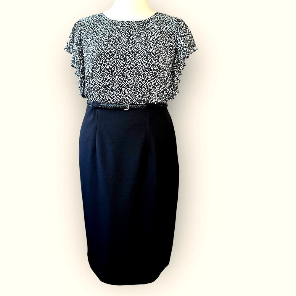 Calvin Klein Casual Flutter Sleeve Belted Blouson Dress Size L/XL Contrast Black